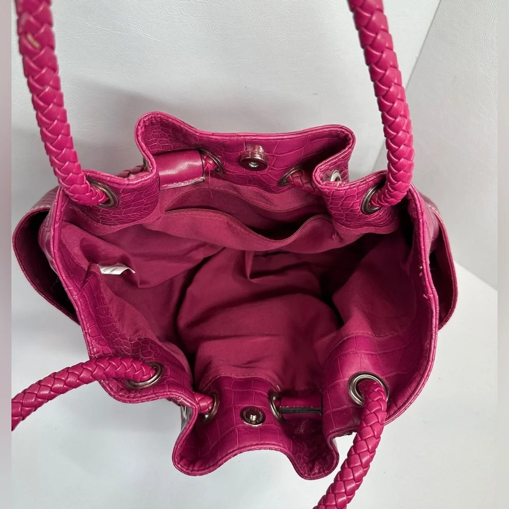 Strada Dark Pink Purple Faux Crocodile Hobo Shoulder Bag Drawstring Braid Handle